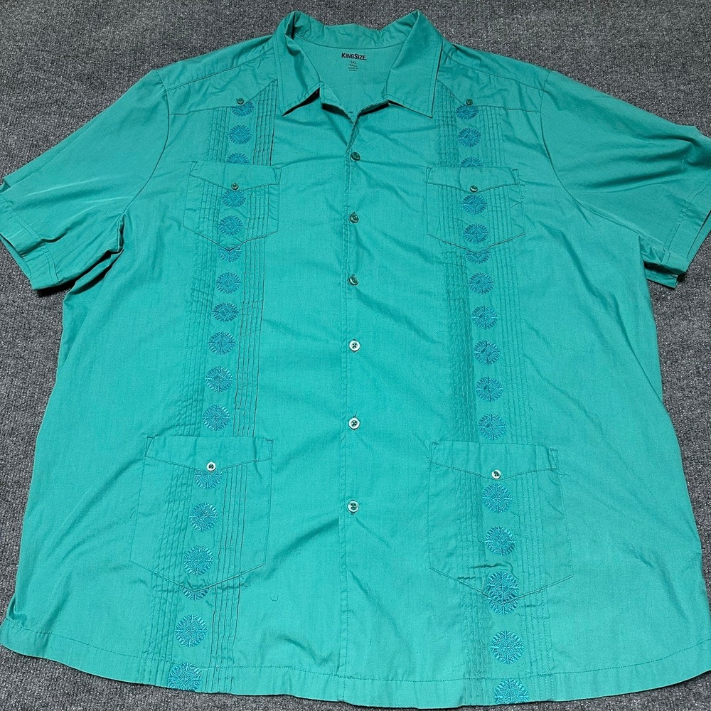 KingSize Mens 3XL Tall Guayabera Shirt Short Sleeve Embroidered Teal Green